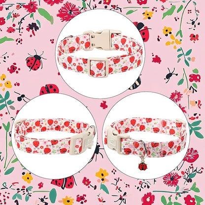 Lucky Ladybug Dog Collar for Giant Large Dogs - Sweet Pink Girl Dog Collars, Lightweight Adjustable Spring Garden Mom Dogs Collars with Quick Release Buckle XL