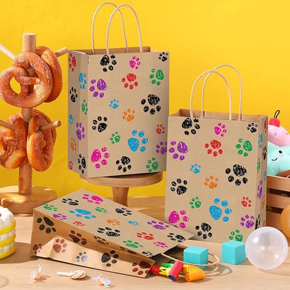 Blulu 20 Pcs Puppy Dog Paw Gift Bags with Paper Twist Handles, Dog Gift Paper Paw Treat Goodie Bags for PET Treat Party Favor, 6.3 x 3.1 x 8.6 Inch(Kraft Backing)