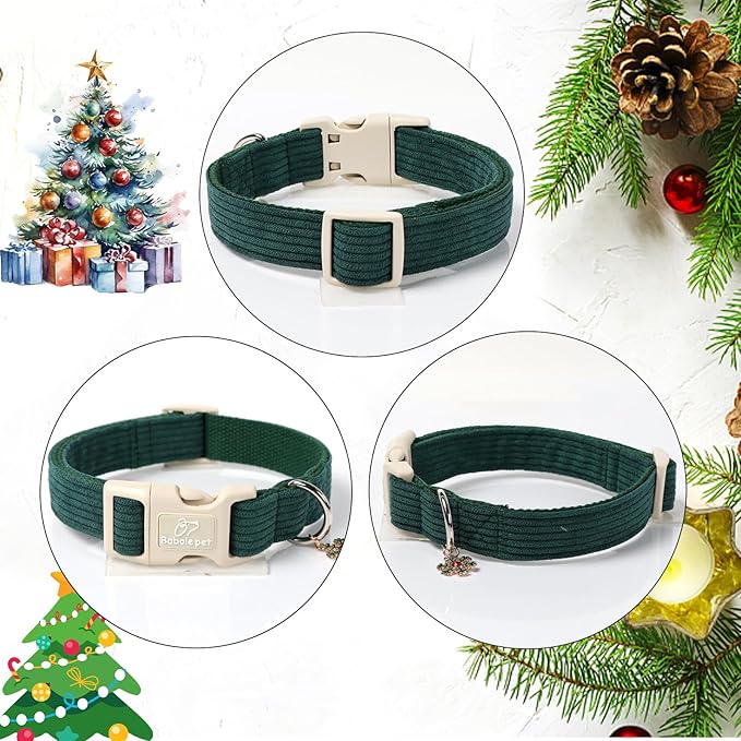 Cute Corduroy Dog Collar - Forest Green Adjustable Dog Collars for Small Dogs 10-25lbs, Fade-Proof with Secure Snap & Little Charm, Christmas Birthday Gift, S