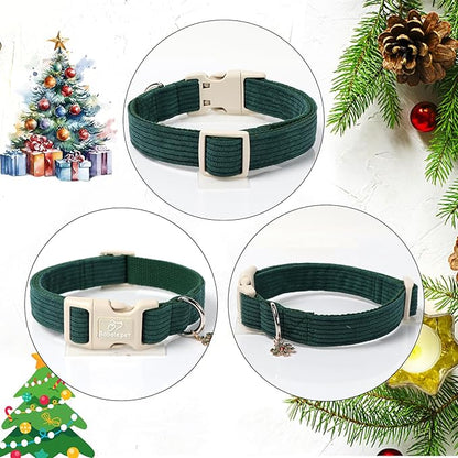Cute Corduroy Dog Collar - Forest Green Adjustable Dog Collars for X-Small Dogs 4-10lbs, Fade-Proof with Secure Snap & Little Charm, Christmas Birthday Gift, XS