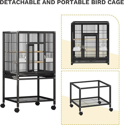 DWVO 41-inch Metal Bird Cage: Large Parrot Cages with Rolling Stand - Features Tray, Food Boxes & Wooden Perches for Parakeets, Lovebirds, Cockatiels, Finches and Pigeons, Black
