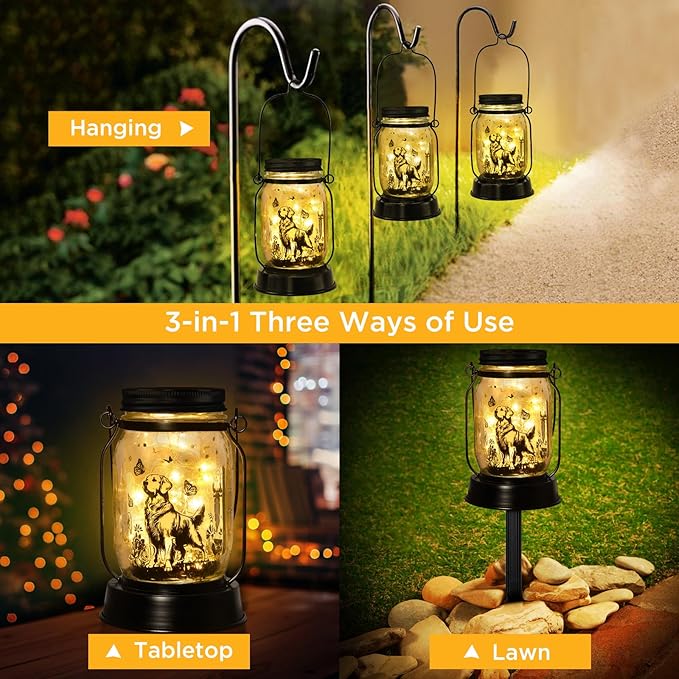 Golden Retriever Gifts for Women/Men Golden Retriever Solar Lanterns Dog Mom Birthday Dog Lovers Lantern Pet loss Pet Memorial Lights Solar Garden Decoration for Yard, Patio,Backyard,Porch Torches