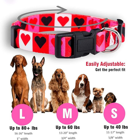 Native Pup Valentine’s Dog Collar- Valentines Day Pet Collars- Valentine Girly Hearts- Pink Red Heart- Cute Boy Girl Puppy Gift- Adjustable for Small, Medium, Large Breeds (Boxed Hearts, Small)