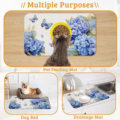 Pet Feeding Mat,Blue Hydrangea Absorbent Dog Cat Food Mat Butterfly Floral Dog Mat with Rubber Backing,Non-Slip Water Bowl Placemat,Pet Supplies 16" x 24"