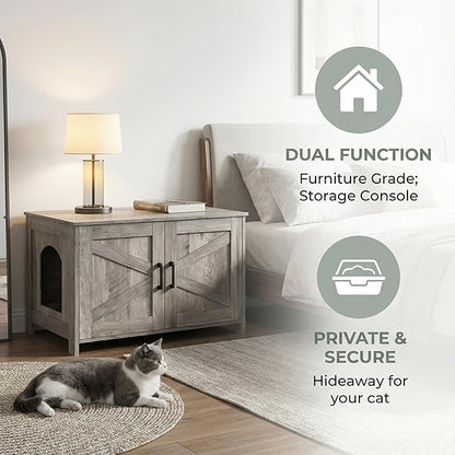 Homhedy Cat Litter Box Enclosure, Wooden Cat Washroom Furniture with Barn Door, Pet House, Fit Most of Litter Box, Greige