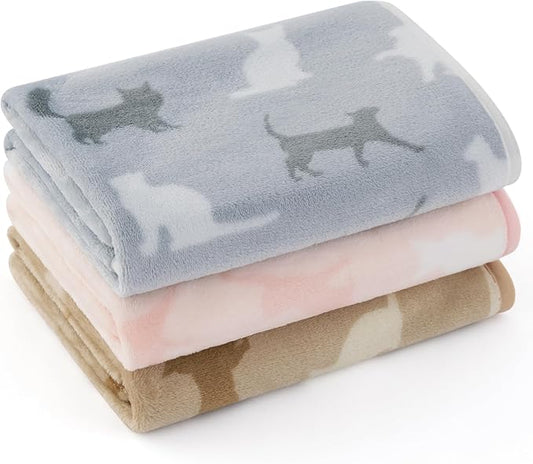 Bedsure 1 Pack 3 Pet Blankets, Super Soft Fluffy Premium Fleece Flannel Portable Throw Dog Blankets for Small Dogs, Printed Cat Puppy Blanket Pink/Grey/Brown Medium(30x40 inch)