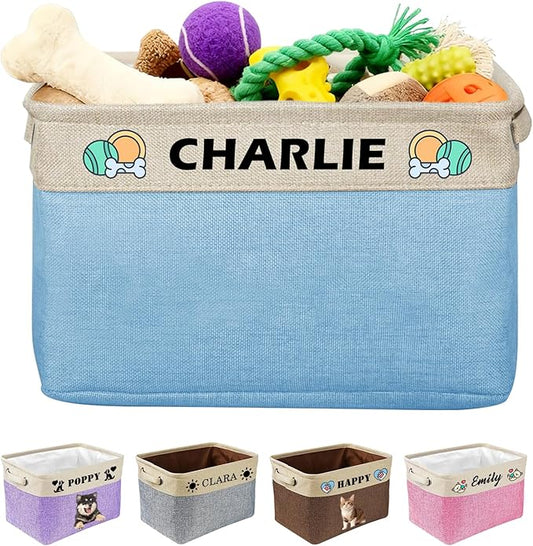 Personalized Dog Toy Storage Basket Custom Collapsible Toy Bin with Pet's Name and Photo-Rectangular Storage Organizer for Dog' Toys Clothing Blankets