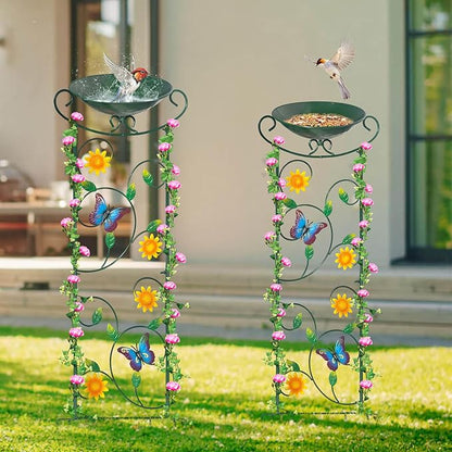 HONGLAND Metal Bird Bath with Trellis, 35" Outdoor Garden Birdbath with Detachable Bowl & Climbing Plant Support, Decorative Bird Feeder Station with Butterflies for Yard, Patio, Fence