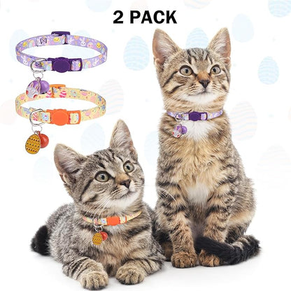 Breakaway Cat Collars for Girl Boy Cats, Spring Summer All Weather Cat Collar Personalized Pattern 2 Pack,Cute Classic Safety Buckles and Bells,Adjustable Printed Nylon Colorful Kitten Collar