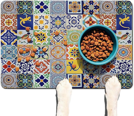 Moroccan Trellis Dog Food & Water Mat,Mexican Talavera Boho Colorful Colorful Pet Feeding Mat for Floor Non-Slip Waterproof, Super Absorbent Cat Bowl Mat, Easy to Clean Durable Pet Placemat,16" × 24"
