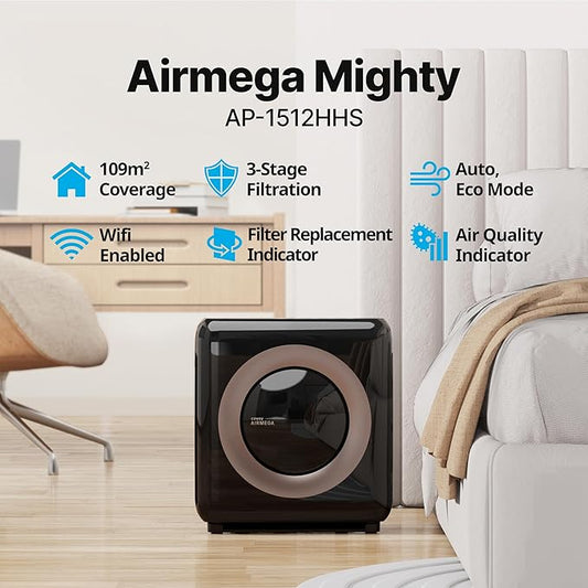 COWAY Air Purifier for Home Up to 1,575ft², App-Enabled Smart Technology, Compatible with Amazon Alexa, HEPA Filter for Smoke, Allergies, Odor, Auto Mode, Airmega AP-1512HHS Black