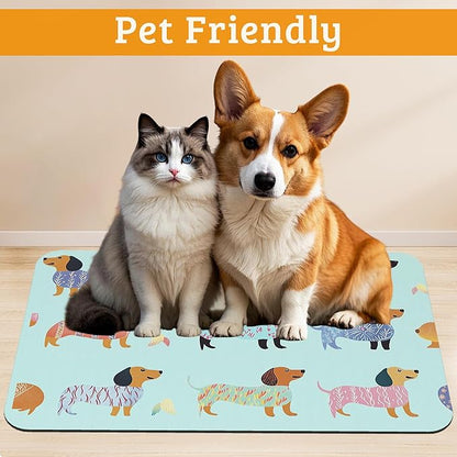 Dachshund Dog Cat Food Mat,Absorbent Waterproof Placemat for Food and Water Non Slip Rubber Backing Durable Feeding Pad for Clean Floors 12" x 20"