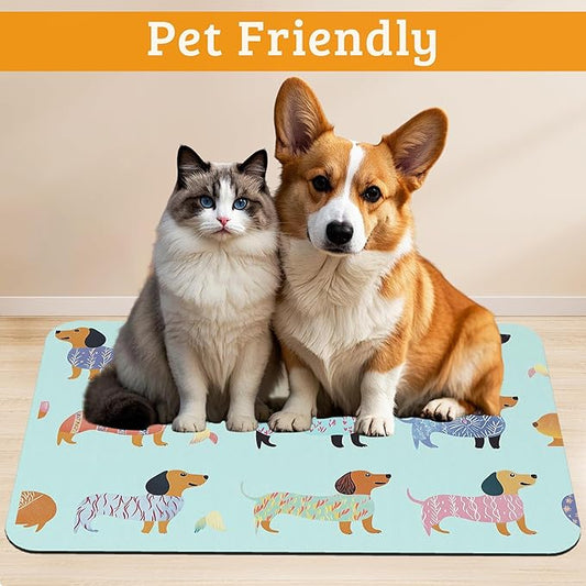 Dachshund Dog Cat Food Mat,Absorbent Waterproof Placemat for Food and Water Non Slip Rubber Backing Durable Feeding Pad for Clean Floors 12" x 20"