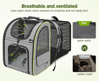 Pecute Cat Backpack Carrier XL, Expandable Pet Backpack Curtain Design for Cats Dogs Up to 15lbs, with 4-Side Breathable Mesh, Multi-Entry & Lockable Zippers for Travel, Hiking, Camping - Hands Free