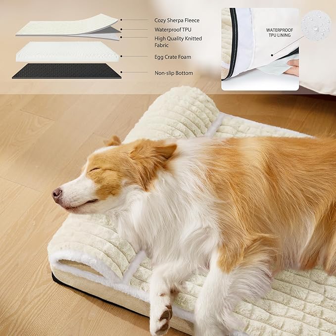 Orthopedic Dog Bed Medium Size Dog with Pillow 30''X20'', Waterproof Soft Comfortable Egg Crate Foam Pet Crate Beds Mat with Removable Washable Cover and Non-Slip Bottom, Cream