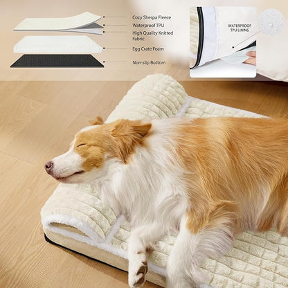 Orthopedic Jumbo Dog Bed Large Sized Dog with Pillow 56''X40'' Waterproof Soft Comfortable Egg Crate Foam Pet Crate Beds Mat with Removable Washable Cover and Non-Slip Bottom, Cream