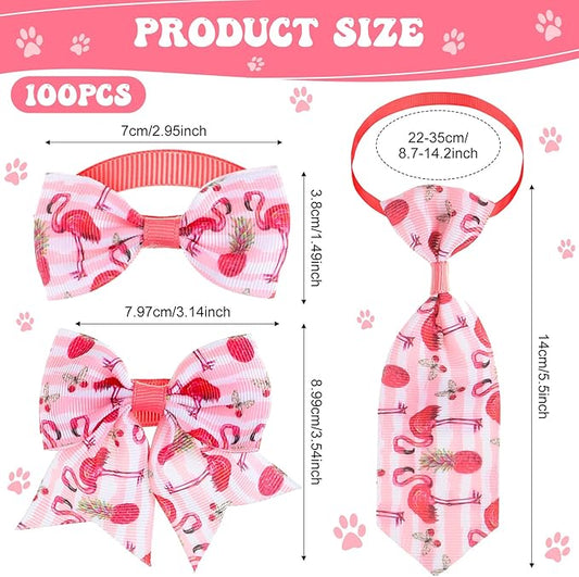 Reginary 100 Pieces Dog Bow Tie Collar Set Include 40 Dog Neckties, and 30 Puppy Bowties, 30 Collar Flowers, Adjustable Pet Ties Grooming for Small Medium Cats Pets Supply(Flamingo)
