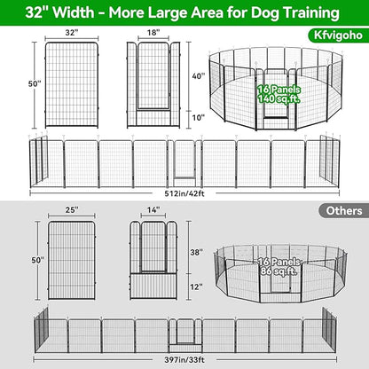 Dog Playpen Outdoor Extra Wide 16 Piece Panels Heavy Duty Dog Fence 50" Height Anti-Rust with Doors Portable for RV Camping Yard, Total 42FT, 140 Sq.ft, Snowy Black