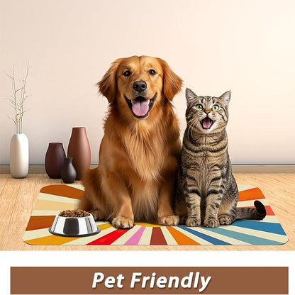 Retro 70s Rainbow Sunrise Swirl Dog Cat Food Mat,Absorbent Pet Feeding Mat for Food and Water, Non-Slip Dog Bowl Mats Floor Protector 12"x20"
