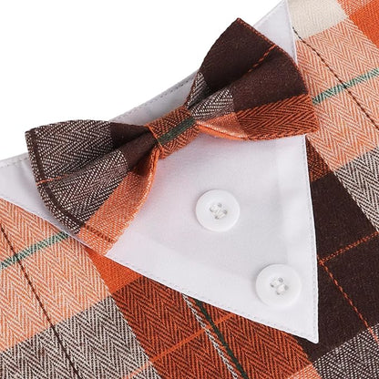 ADOGGYGO Fall Dog Tuxedo Bandana, Orange Plaid Pet Fall Collar with Bowtie, Adjustable Halloween Thanksgiving Costume for Large Dogs (L)