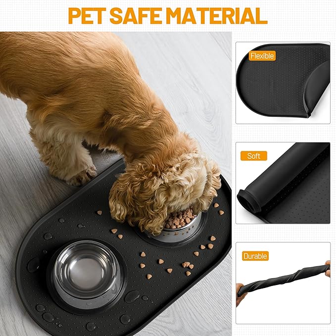 Hubulk 100% Waterproof Silicone Pet Feeding Mat with Raised Edge for Food and Water, Dog Bowl Mats, Cat Bowls Placemat with High Lip Protects Floor for Cats and Dogs (Black, 19" L x 12" W)