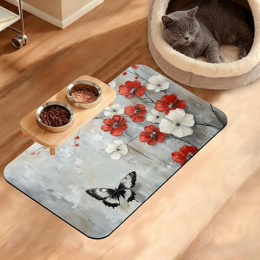ButterflyFlowers Dog Cat Food Mat,Red White Absorbent Waterproof Placemat for Food and Water Non Slip Rubber Backing Durable Feeding Pad for Clean Floors 12" x 20"