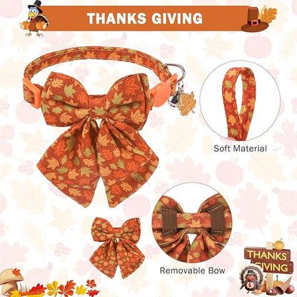 SCENEREAL Fall Cat Collar with Bell & Stylish Bowtie, Turkey Maple Leaf Pattern Breakaway Cat Collars Accessories for Boy Girl Small Cats, Holiday Thanksgiving Kitten Costumes for Female Male Pets