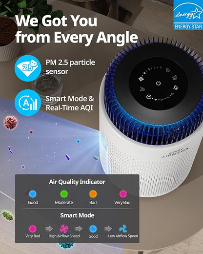 COWAY Air Purifiers for Home up to 810 ft², HEPA Filter and Carbon Filter for Smoke, Allergies, Pet Dander, Odor, AQI Monitor, Auto Mode, Timer, Filter Indicator, Night Light, 3yr Warranty, 100 White