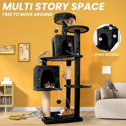 56-Inch Cat Tree for Large Cats, Multi-Level Cat Tower with 2 Condos, Sisal Scratching Posts & Hanging Toys – Sturdy Cat Furniture for Indoor Cats, Space-Saving Design (Easy Assembly), Black