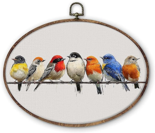 DILSJ Bird Oval Wall Art Decor, Rustic Nature Colorful Sparrow Birds Canvas Wall Art Framed, Watercolor Rustic Sparrow Hanging Decorations for Living Room Bedroom Home, 8.5x11 Inch