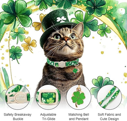 2 Pack St. Patrick’s Day Cat Collars - Breakaway Cat Collar with Bell, Lucky Clover Pendant, Adjustable Cute Green Bold Shamrock Kitten Collars for Boy Girl Cats