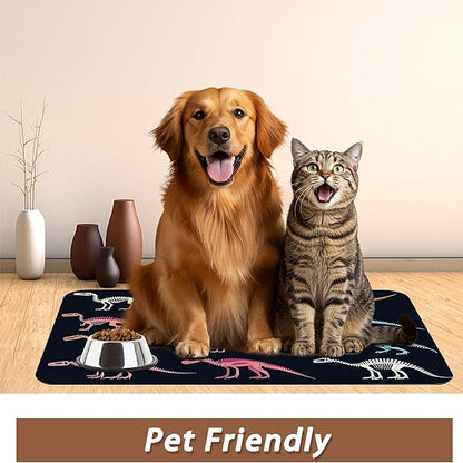 Dinosaur Skeleton Dog Cat Food Mat,Vintage Color Absorbent Pet Feeding Mat with Rubber Backing,Non-Slip Water Bowl Placemat,Indoor Pet Accessories Supplies 12"x20"