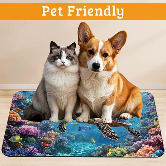 Sea Turtle Dog Cat Food Mat,Colorful Coral Absorbent Waterproof Placemat for Food and Water Non Slip Rubber Backing Durable Feeding Pad for Clean Floors 12" x 20"