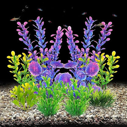 AQUANEAT Artificial Fish Tank Plants, Plastic Aquarium Decorations, Purple Accessories, 10pcs