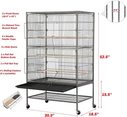 Extra Large Wrought Iron Breeding Flights Canary Parakeet Cockatiel Lovebird Finches Parrot Home Cage Double Large Front Doors 4 Side Doors Bottom Storage Shelf On Lockable Wheels