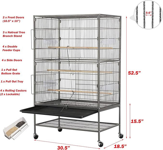 Extra Large Wrought Iron Breeding Flights Canary Parakeet Cockatiel Lovebird Finches Parrot Home Cage Double Large Front Doors 4 Side Doors Bottom Storage Shelf On Lockable Wheels
