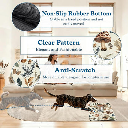 Vintage Mushroom Floral Dog Cat Food Mat–Christmas Stocking Absorbent Waterproof Placemat for Food and Water Bowls, Non Slip Rubber Backing, Feeding Mat for Clean Floors 12"x20"