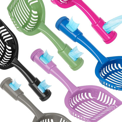 2-in-1 Pooper Scooper with Bag Attachment, Cat Litter Shovel Scoop with Bag, Built-in Dispenser, Includes Trash Roll, Rinse-Clean, Anti-Stick, Smart Sifter, Long Handle (Blue)