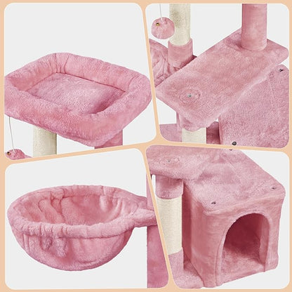 Topeakmart Cat Tree Tower for Indoor Cats, 34.5in Cute Kitten Tree Activity Center with Condo & Scratching Post, Multi-Level Pet Climbing Tower Play House w/Large Perch, Platform, Basket, Pink
