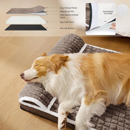 Orthopedic Dog Bed Large Sized Dog with Pillow 36''X24'', Waterproof Soft Comfortable Egg Crate Foam Pet Crate Beds Mat with Removable Washable Cover and Non-Slip Bottom, Taupe