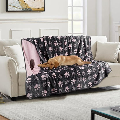 Dog Blankets for Large Dogs,Washable Pet Blanket, Soft Crate Bed with Paw Pattern for Kennel/Couch, Grey & Pink 80x60 Inch