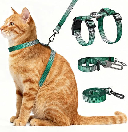 Cat Harness and Leash Set, 3-in-1 Escape Proof Adjustable, Comfortable Soft Lightweight, Safe, Easy to Wear, Walking Travel Kitten Harness for Small Medium Large Cats (Light Green)