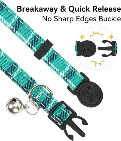 Joytale Upgraded Cat Collar with Bells, Breakaway Cat Collars with Bow Tie, 2 Pack Girl Boy Safety Plaid Kitten Collars, Pink+Teal