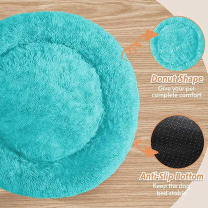 JOLLYVOGUE Calming Dog Bed Medium Size Dog, Anti-Anxiety Donut Medium Pet Bed, 27 inches Fluffy Faux Fur Round Cat Bed (Aqua Blue)