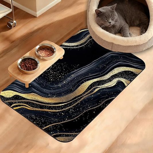 Dog Bowl Mat,Abstract Marbled Pet Feeding Mat for Floors Waterproof,Gold Black Absorbent Dogs Placemat for Food and Water Quick Dry Pet Cat Feeding Mats with Non Slip Bottom 16" x 24"
