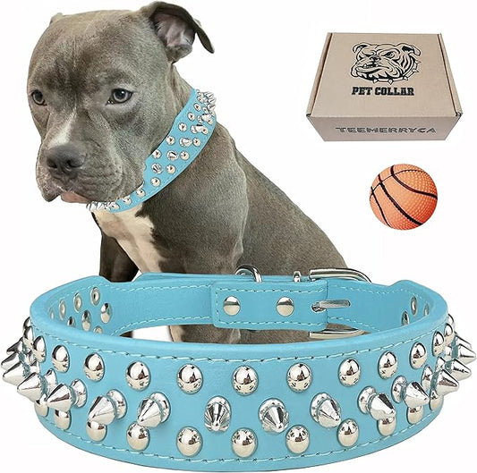 TEEMERRYCA Adjustable Microfiber Leather Spiked Studded Dog Collars with a Squeak Ball Gift for Small Medium Large Pets Like Cats/Pit Bull/Bulldog/Pugs/Husky, Blue, L(15"-18.5")
