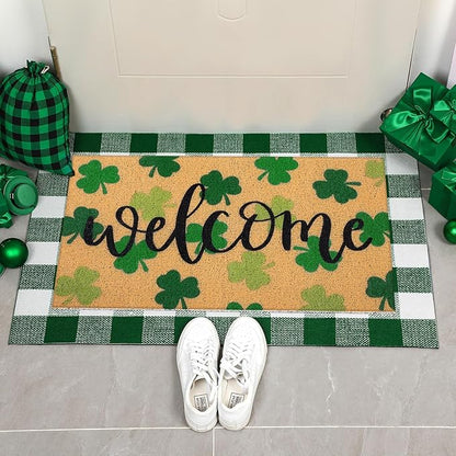 Tinideya 2 Pcs St. Patrick Day Door Mat Welcome Non Slip Coir Mats Clover Pattern Green White Plaid Floor Layering Doormats Seasonal for Front Porch Entryway Decor(st Patrick's Day)