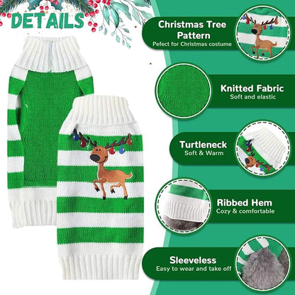 Christmas Dog Sweaters Xmas Pet Outfits Striped Elk Costume Holiday Clothes Gifts Puppy Cat Knitted Jumpers (XS,Green White Stripe Elk)