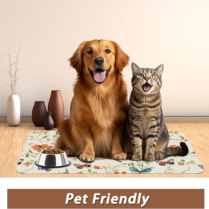 Butterfly Bird Dog Food Mat for Floors,Vintage Nature Absorbent Pet Food and Water Bowl Mats,Non-Slip Pet Feeding Mat,Pet Supplies 12" x 20"