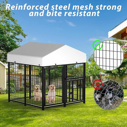 LOVMOR Outdoor Dog Kennel with Roof, Heavy Duty Steel Dog Run Enclosure for Small Dogs, Waterproof Canopy, Double Latch Door, Adjustable Feeding Bowls, Pet Pen for Yard and Patio, 4’L x 4’W x 4.25’H